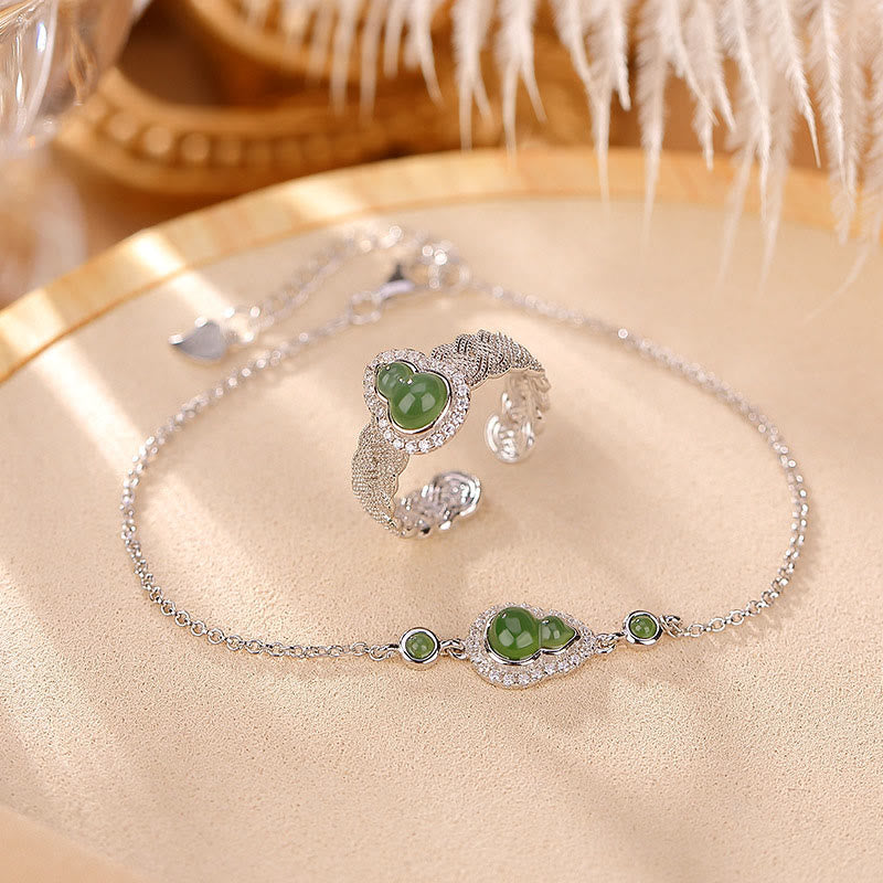 Buddha Stones925 スターリングシルバー ゴールドメッキ 天然和田翡翠 ひょうたん 幸運のブレスレット リングセット