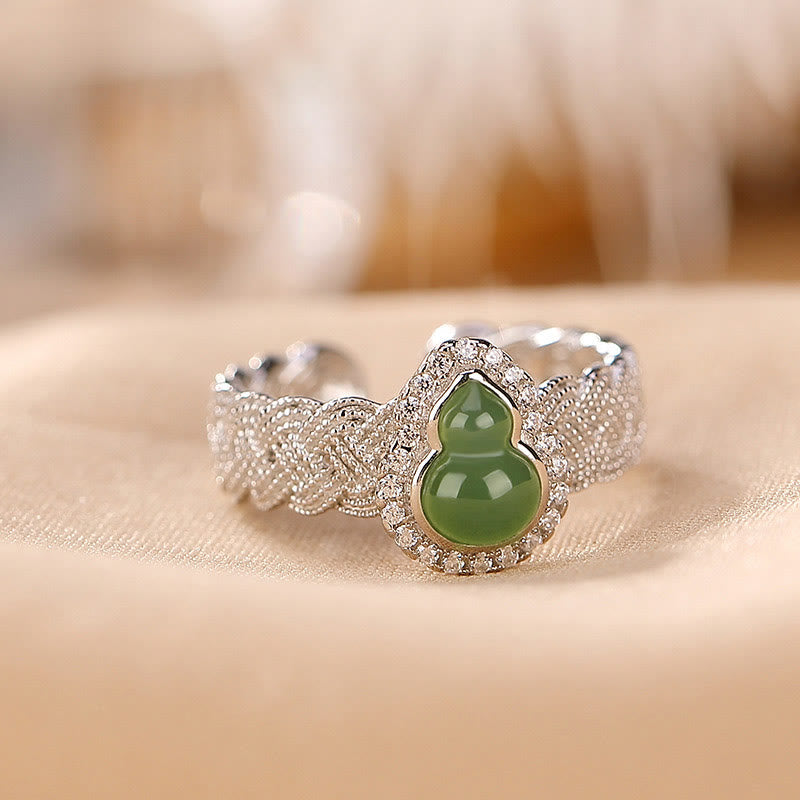 Buddha Stones925 スターリングシルバー ゴールドメッキ 天然和田翡翠 ひょうたん 幸運のブレスレット リングセット