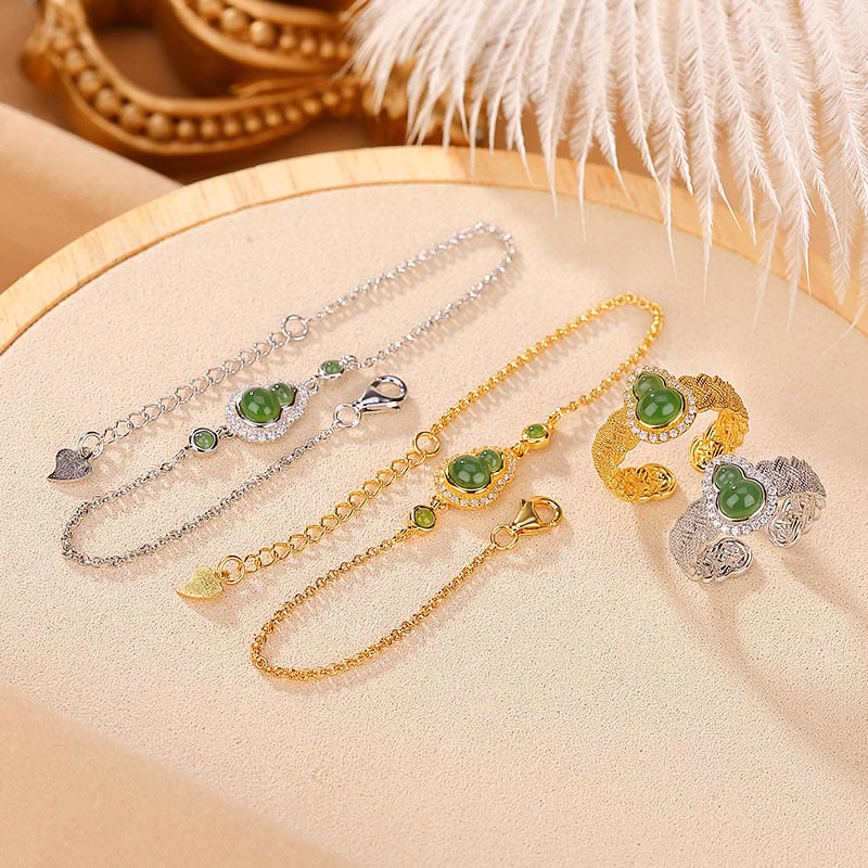 Buddha Stones925 スターリングシルバー ゴールドメッキ 天然和田翡翠 ひょうたん 幸運のブレスレット リングセット