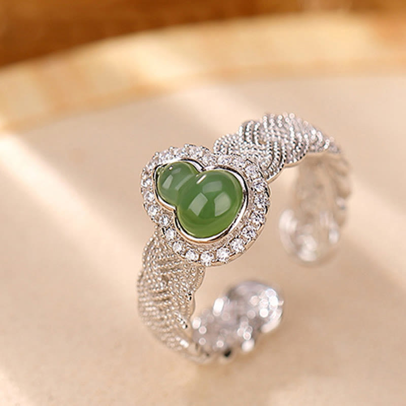 Buddha Stones925 スターリングシルバー ゴールドメッキ 天然和田翡翠 ひょうたん 幸運のブレスレット リングセット
