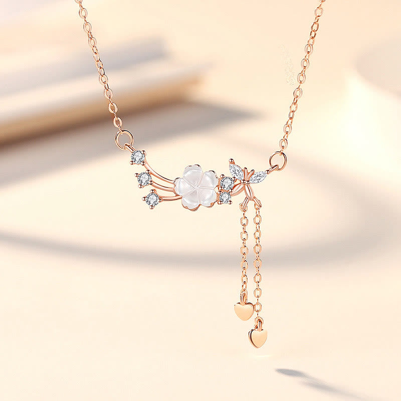 Buddha Stones925スターリングシルバー フラワー バタフライ ラブネックレス ペンダント イヤリングセット - ローズゴールドネックレス - image 6