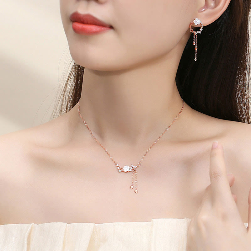 Buddha Stones925スターリングシルバー フラワー バタフライ ラブネックレス ペンダント イヤリングセット