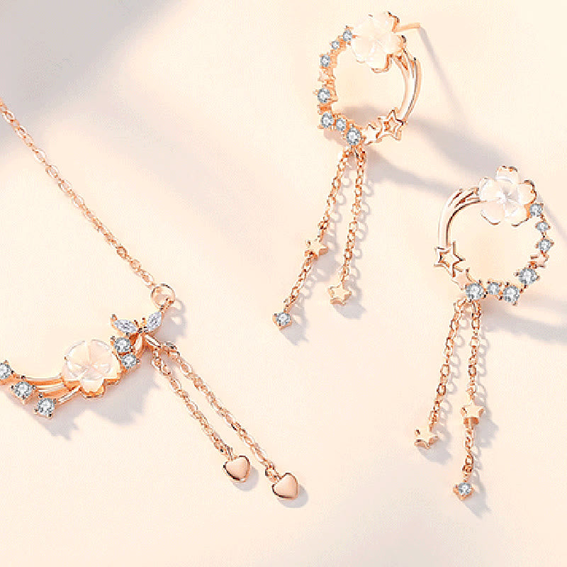 Buddha Stones925スターリングシルバー フラワー バタフライ ラブネックレス ペンダント イヤリングセット