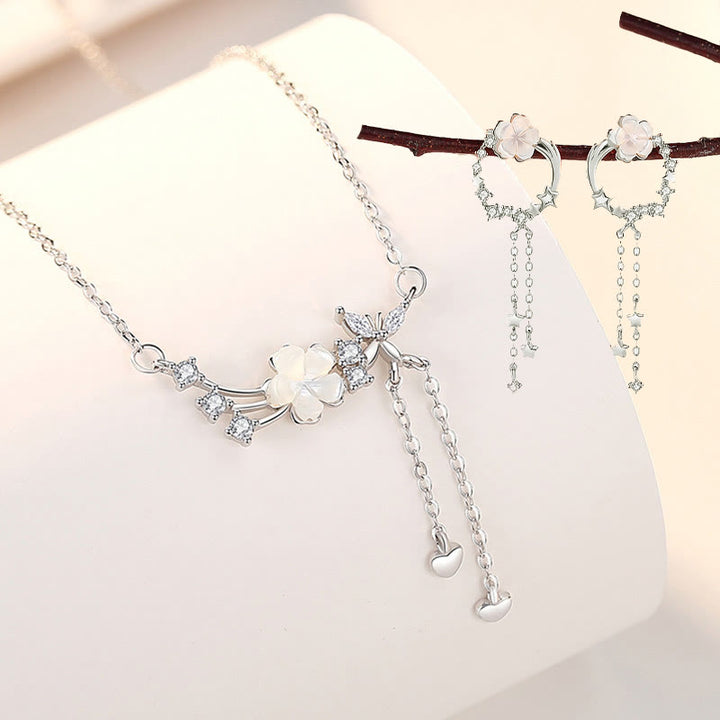 Buddha Stones925スターリングシルバー フラワー バタフライ ラブネックレス ペンダント イヤリングセット