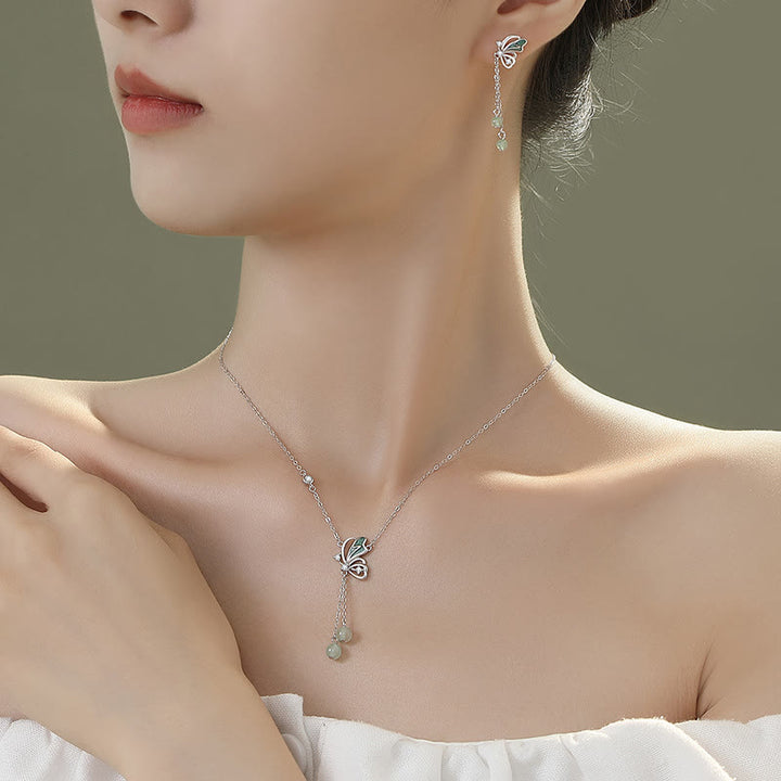 Buddha Stones 925スターリングシルバー 天然グリーンアベンチュリン バタフライ 幸運ネックレス ペンダント イヤリングセット