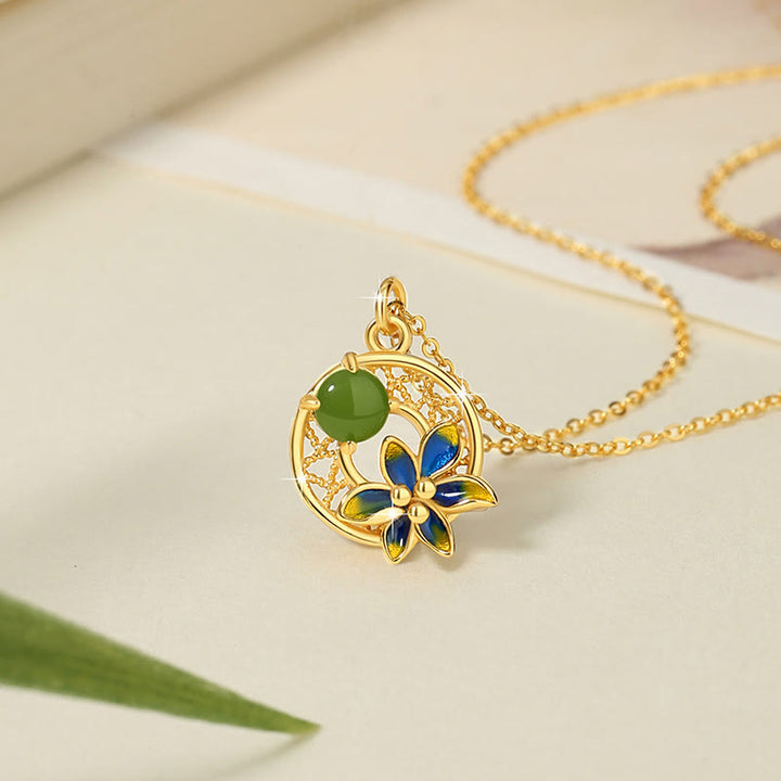 Buddha Stones 925スターリングシルバー 天然和田翡翠フラワー 幸運のネックレス ペンダント リング イヤリング セット