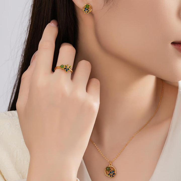 Buddha Stones 925スターリングシルバー 天然和田翡翠フラワー 幸運のネックレス ペンダント リング イヤリング セット