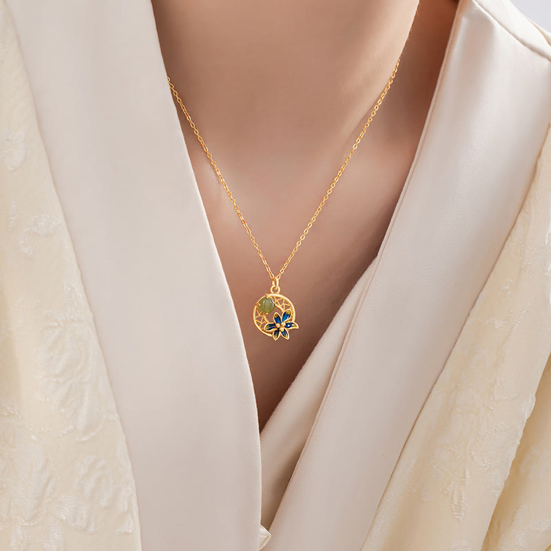 Buddha Stones 925スターリングシルバー 天然和田翡翠フラワー 幸運のネックレス ペンダント リング イヤリング セット