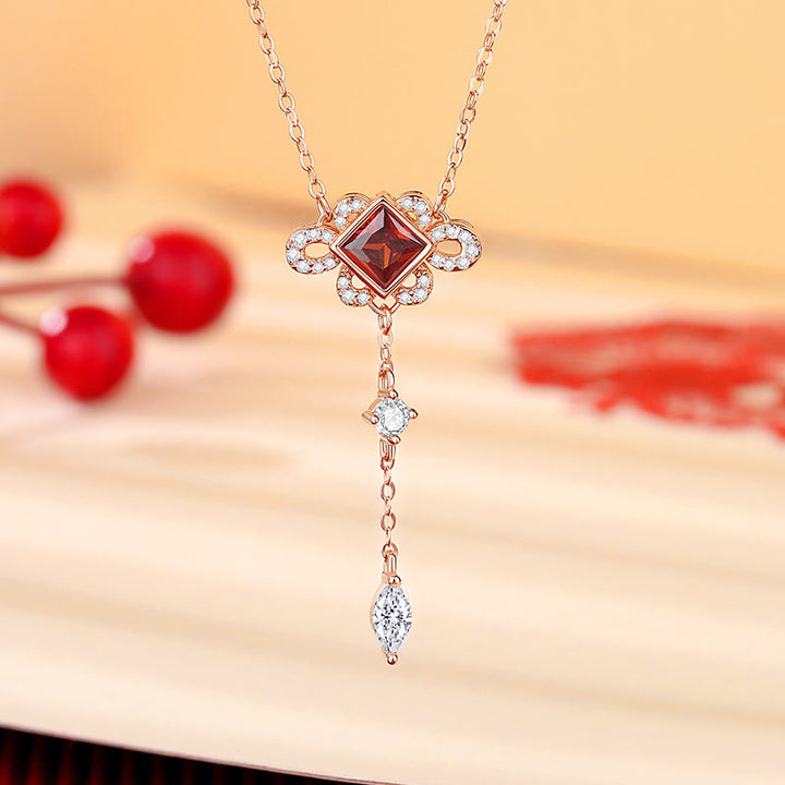 Buddha Stones925スターリングシルバー 中国結び 赤ジルコン 富のネックレス ペンダント ブレスレット イヤリングセット
