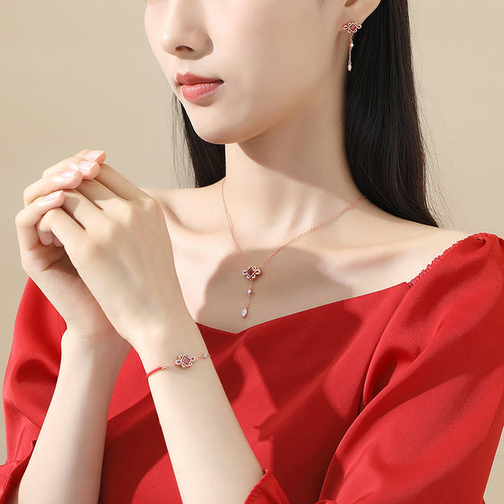 Buddha Stones925スターリングシルバー 中国結び 赤ジルコン 富のネックレス ペンダント ブレスレット イヤリングセット