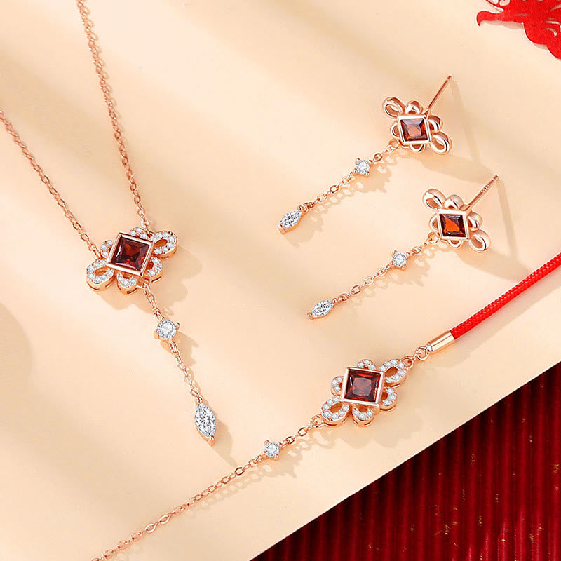 Buddha Stones925スターリングシルバー 中国結び 赤ジルコン 富のネックレス ペンダント ブレスレット イヤリングセット - 3点(ブレスレット、ネックレス、イヤリング) - image 0
