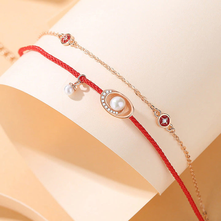 Buddha Stones925スターリングシルバー パールインゴット 銅貨 ヒーリングネックレスペンダント レッドロープブレスレットセット