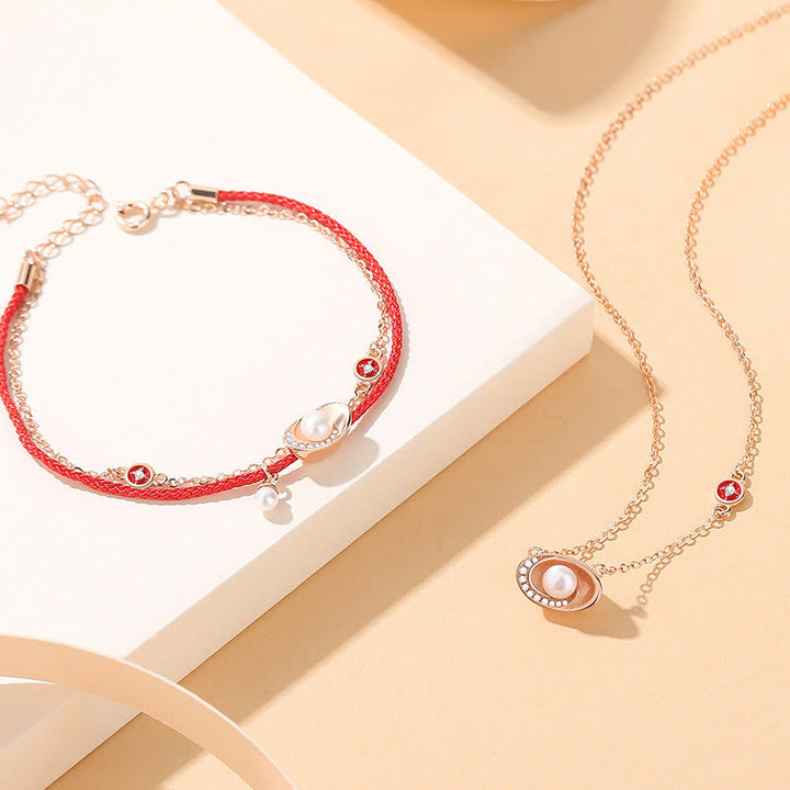 Buddha Stones925スターリングシルバー パールインゴット 銅貨 ヒーリングネックレスペンダント レッドロープブレスレットセット