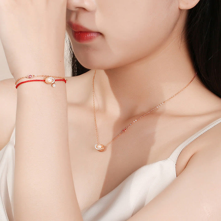 Buddha Stones925スターリングシルバー パールインゴット 銅貨 ヒーリングネックレスペンダント レッドロープブレスレットセット