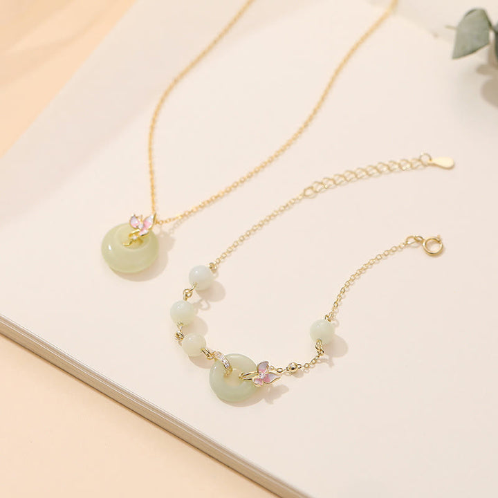 Buddha Stones 925スターリングシルバー 天然和田翡翠 平和バックル オーキッド 幸運ブレスレット ネックレス ペンダントセット