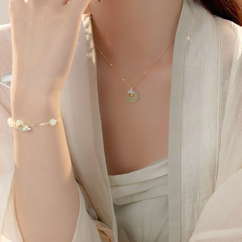 Buddha Stones 925スターリングシルバー 天然和田翡翠 平和バックル オーキッド 幸運ブレスレット ネックレス ペンダントセット
