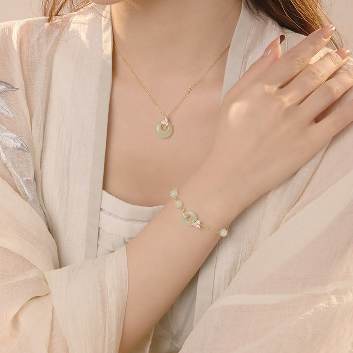 Buddha Stones 925スターリングシルバー 天然和田翡翠 平和バックル オーキッド 幸運ブレスレット ネックレス ペンダントセット