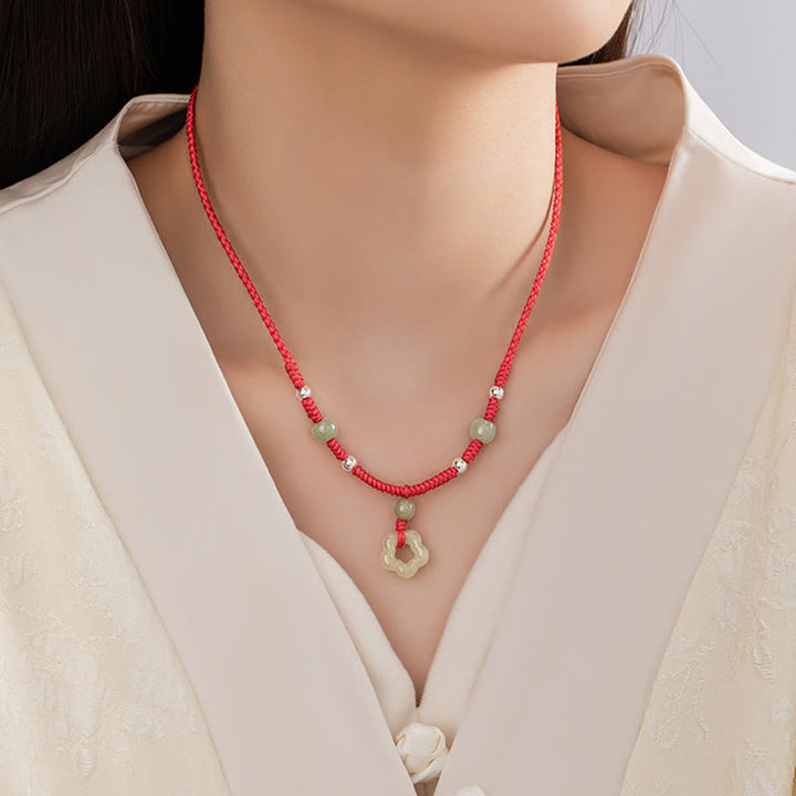 Buddha Stones 925スターリングシルバー 天然和田翡翠フラワー五芒星幸運レッドロープネックレスペンダントブレスレットセット