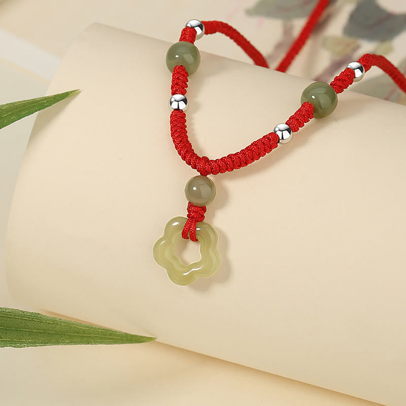 Buddha Stones 925スターリングシルバー 天然和田翡翠フラワー五芒星幸運レッドロープネックレスペンダントブレスレットセット