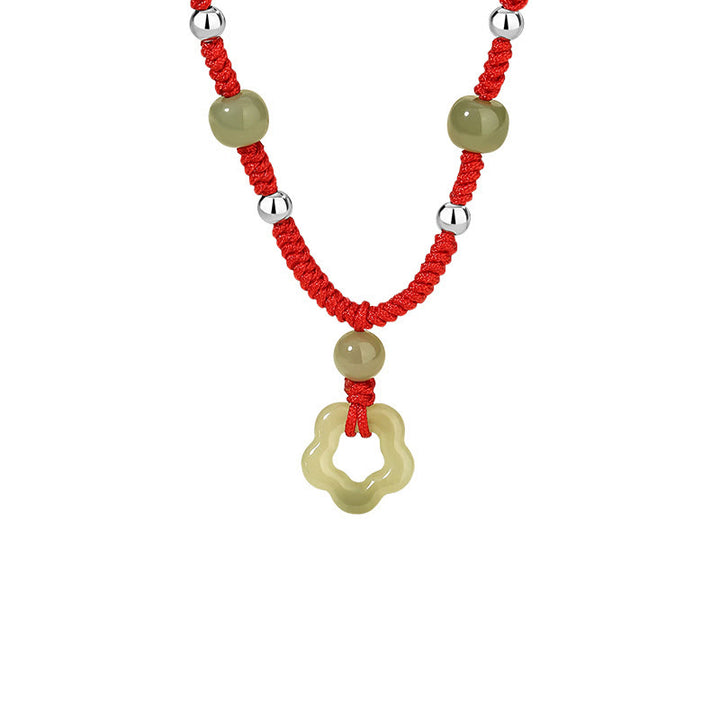 Buddha Stones 925スターリングシルバー 天然和田翡翠フラワー五芒星幸運レッドロープネックレスペンダントブレスレットセット