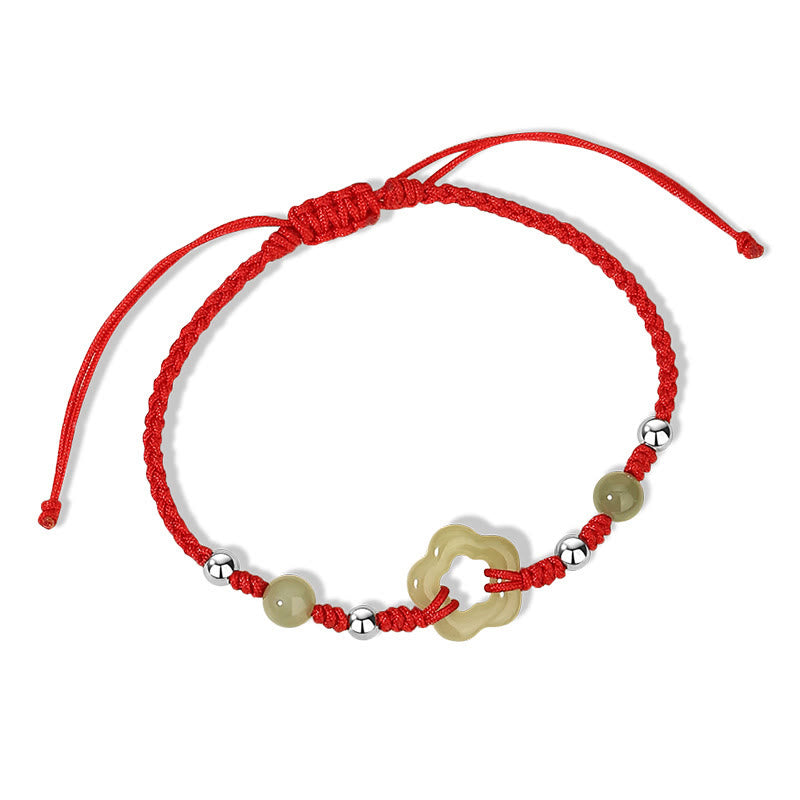 Buddha Stones 925スターリングシルバー 天然和田翡翠フラワー五芒星幸運レッドロープネックレスペンダントブレスレットセット