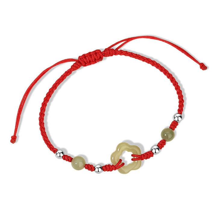 Buddha Stones 925スターリングシルバー 天然和田翡翠フラワー五芒星幸運レッドロープネックレスペンダントブレスレットセット