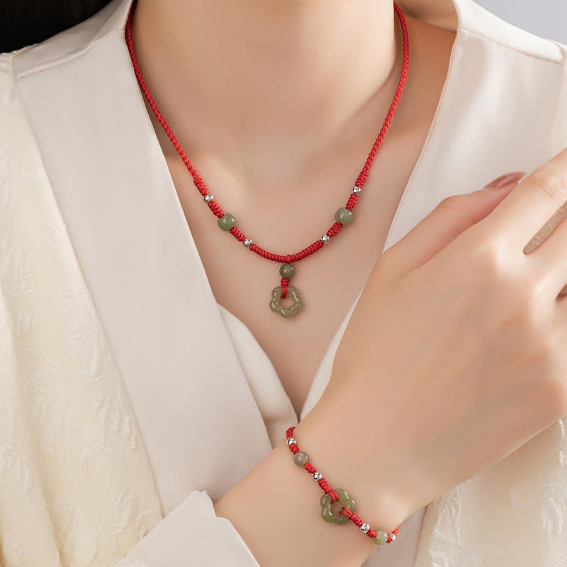 Buddha Stones 925スターリングシルバー 天然和田翡翠フラワー五芒星幸運レッドロープネックレスペンダントブレスレットセット