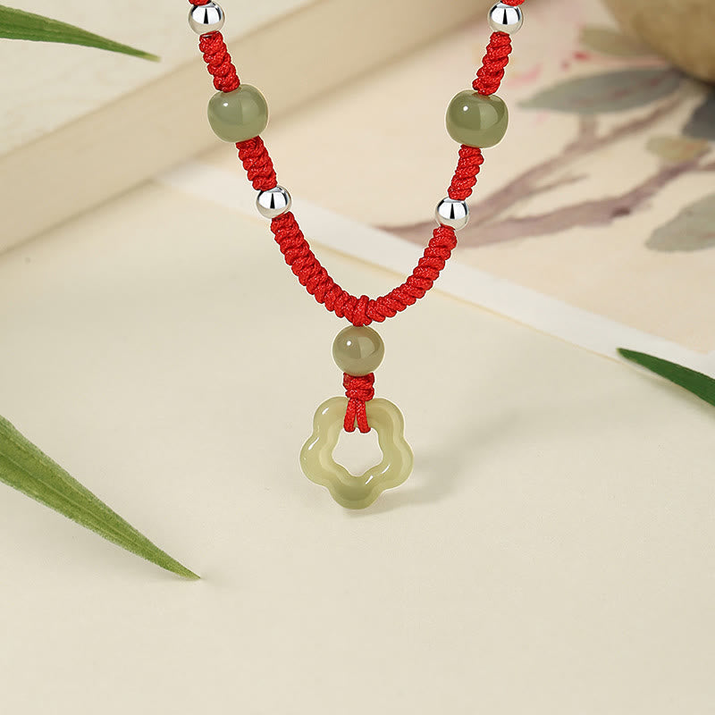 Buddha Stones 925スターリングシルバー 天然和田翡翠フラワー五芒星幸運レッドロープネックレスペンダントブレスレットセット