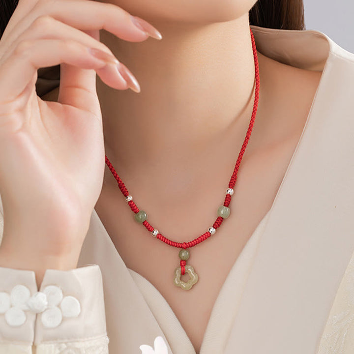 Buddha Stones 925スターリングシルバー 天然和田翡翠フラワー五芒星幸運レッドロープネックレスペンダントブレスレットセット