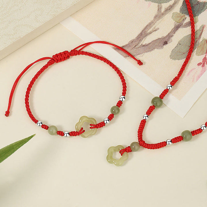 Buddha Stones 925スターリングシルバー 天然和田翡翠フラワー五芒星幸運レッドロープネックレスペンダントブレスレットセット