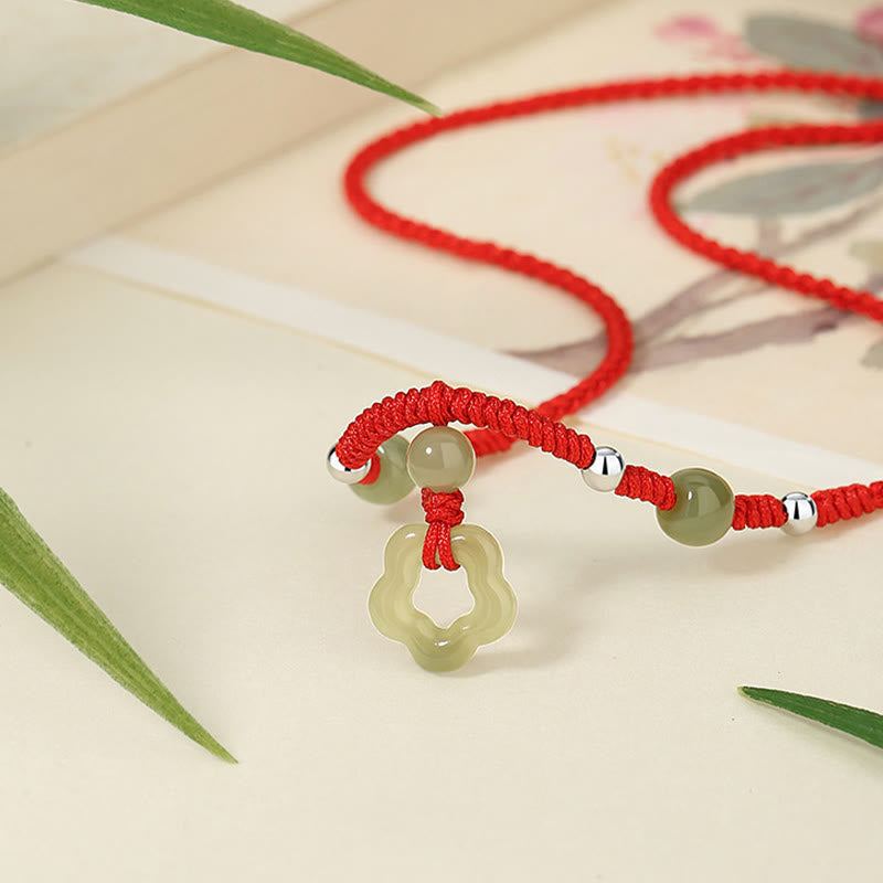 Buddha Stones 925スターリングシルバー 天然和田翡翠フラワー五芒星幸運レッドロープネックレスペンダントブレスレットセット