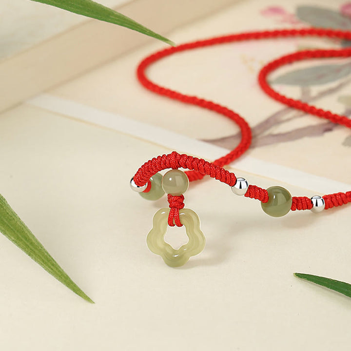 Buddha Stones 925スターリングシルバー 天然和田翡翠フラワー五芒星幸運レッドロープネックレスペンダントブレスレットセット