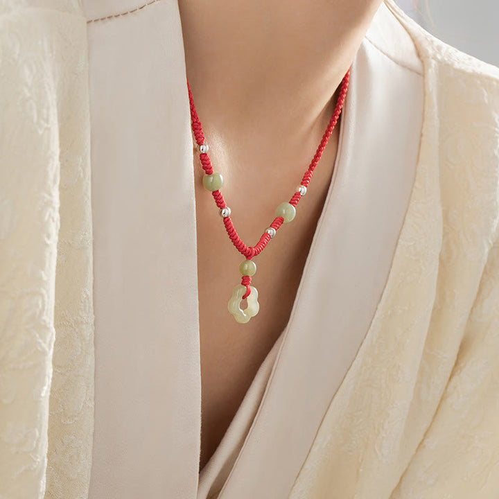Buddha Stones 925スターリングシルバー 天然和田翡翠フラワー五芒星幸運レッドロープネックレスペンダントブレスレットセット