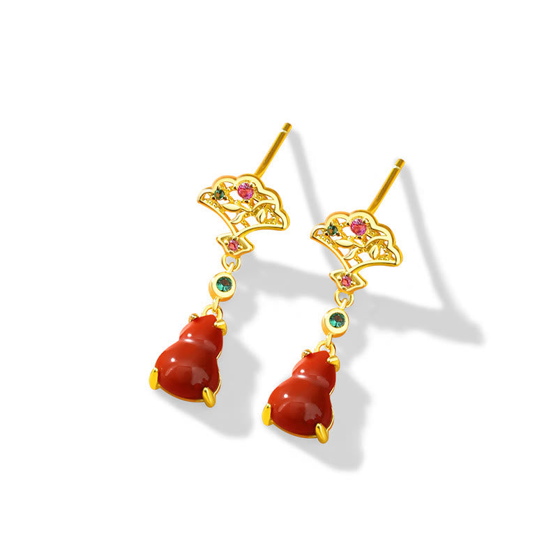 Buddha Stones 925スターリングシルバー レッドアゲート ひょうたん 縁起の良い雲 自信のブレスレット ネックレス ペンダント イヤリングセット