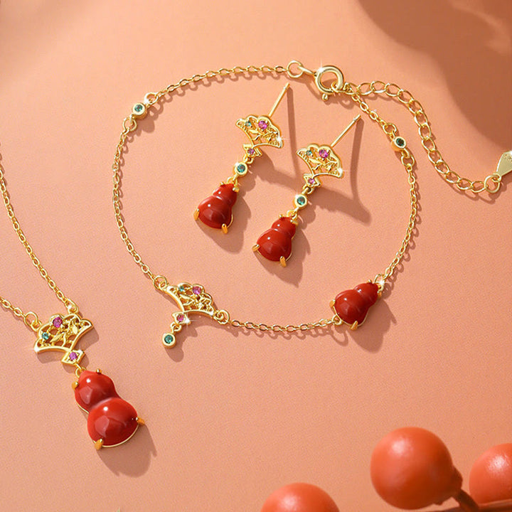 Buddha Stones 925スターリングシルバー レッドアゲート ひょうたん 縁起の良い雲 自信のブレスレット ネックレス ペンダント イヤリングセット