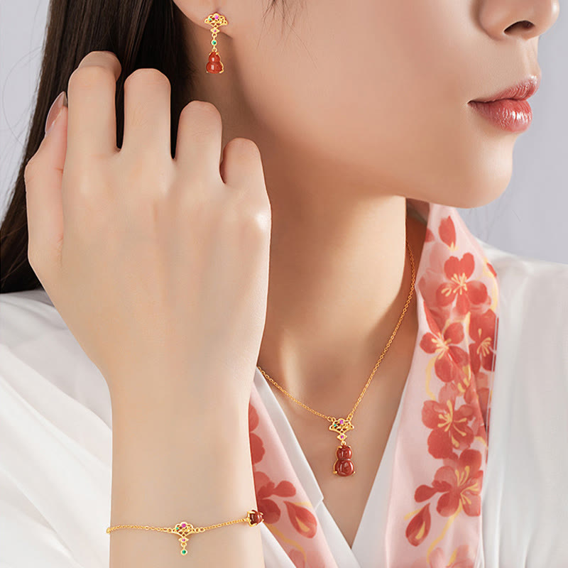 Buddha Stones 925スターリングシルバー レッドアゲート ひょうたん 縁起の良い雲 自信のブレスレット ネックレス ペンダント イヤリングセット