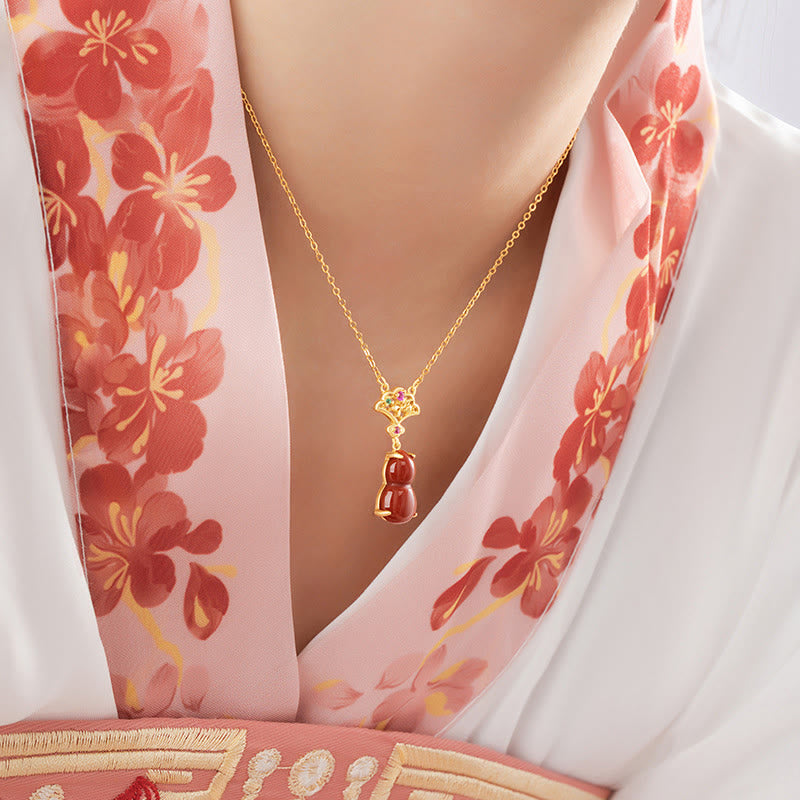 Buddha Stones 925スターリングシルバー レッドアゲート ひょうたん 縁起の良い雲 自信のブレスレット ネックレス ペンダント イヤリングセット