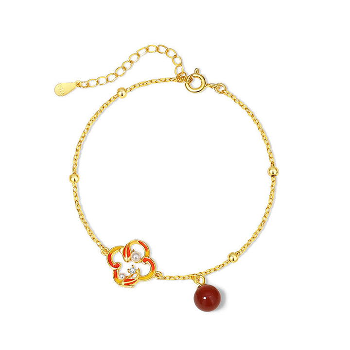 Buddha Stones 925スターリングシルバー 四つ葉のクローバー 鯉 赤瑪瑙 真珠 富のブレスレット ネックレス ペンダント イヤリングセット