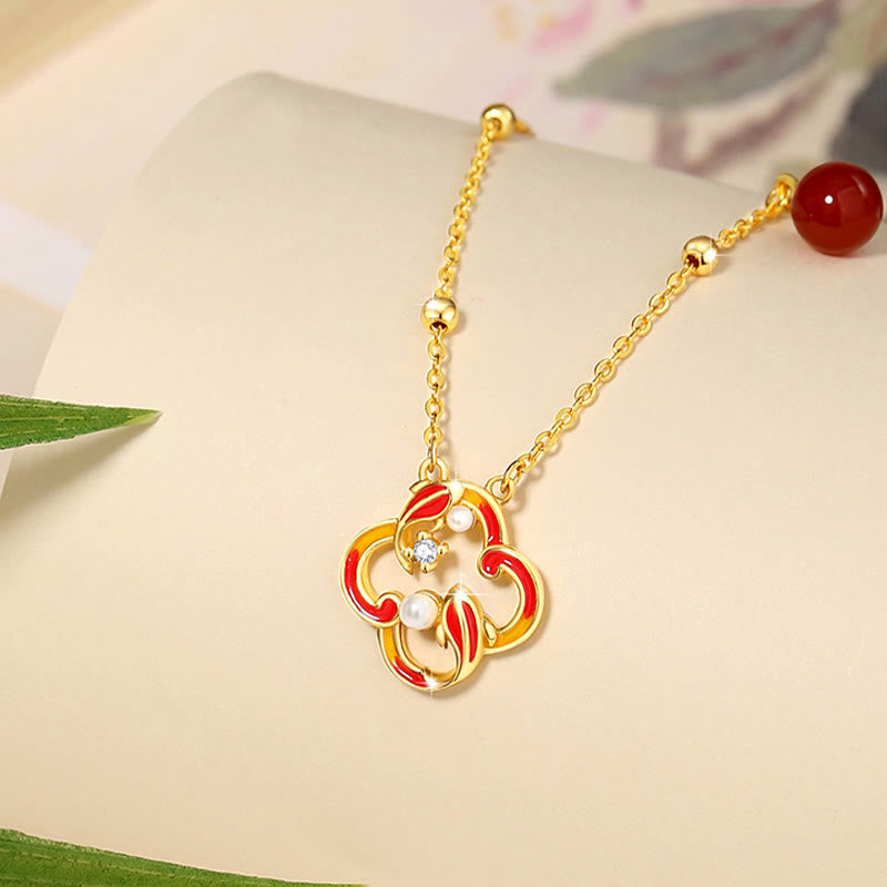 Buddha Stones 925スターリングシルバー 四つ葉のクローバー 鯉 赤瑪瑙 真珠 富のブレスレット ネックレス ペンダント イヤリングセット