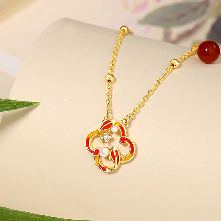 Buddha Stones 925スターリングシルバー 四つ葉のクローバー 鯉 赤瑪瑙 真珠 富のブレスレット ネックレス ペンダント イヤリングセット