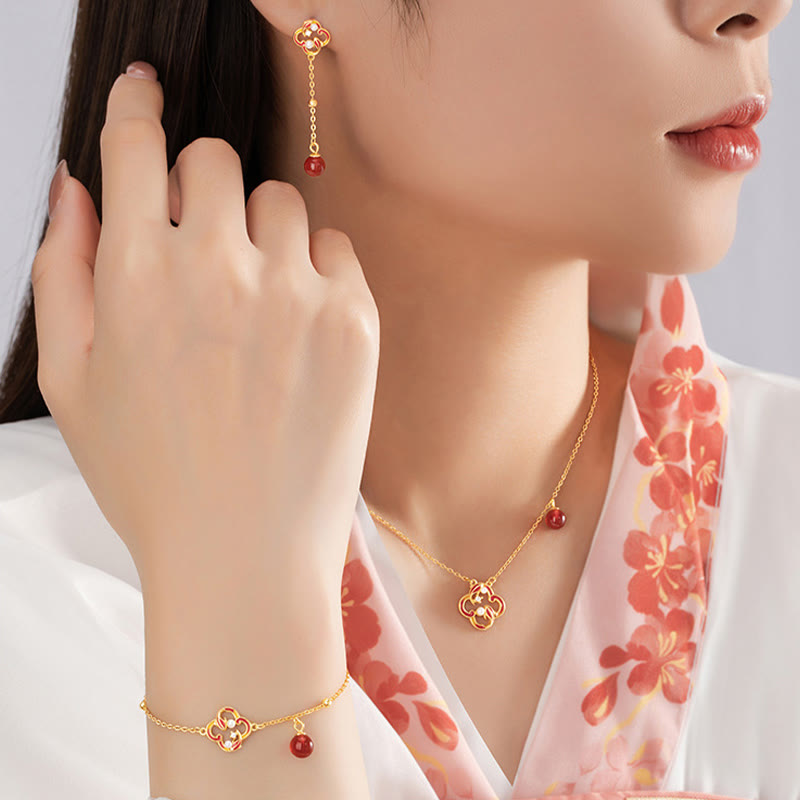Buddha Stones 925スターリングシルバー 四つ葉のクローバー 鯉 赤瑪瑙 真珠 富のブレスレット ネックレス ペンダント イヤリングセット