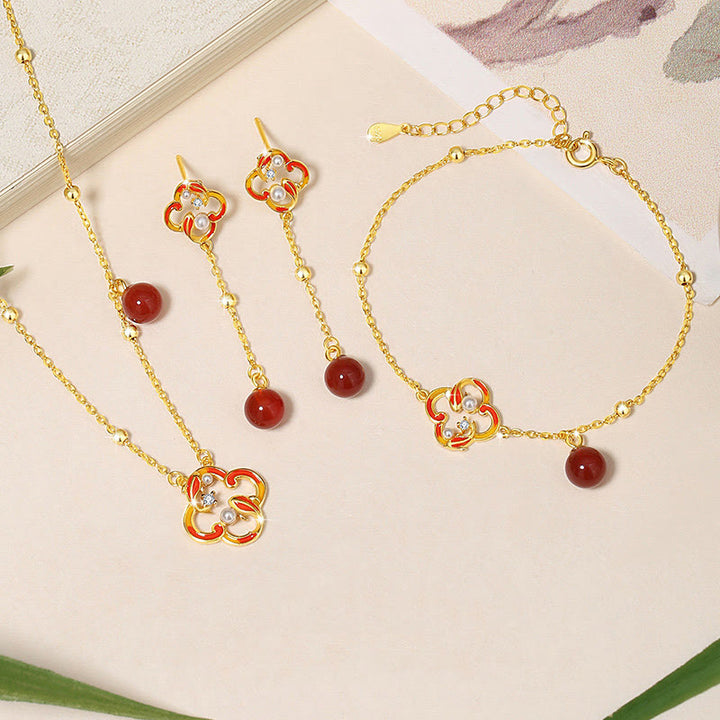 Buddha Stones 925スターリングシルバー 四つ葉のクローバー 鯉 赤瑪瑙 真珠 富のブレスレット ネックレス ペンダント イヤリングセット