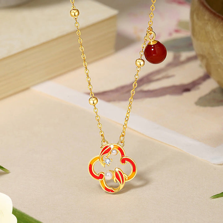 Buddha Stones 925スターリングシルバー 四つ葉のクローバー 鯉 赤瑪瑙 真珠 富のブレスレット ネックレス ペンダント イヤリングセット