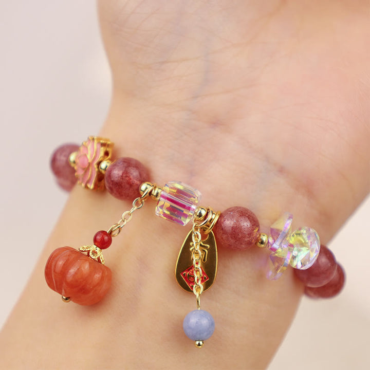 Buddha Stones天然ストロベリークォーツ 福文字パンプキンチャーム ポジティブブレスレット