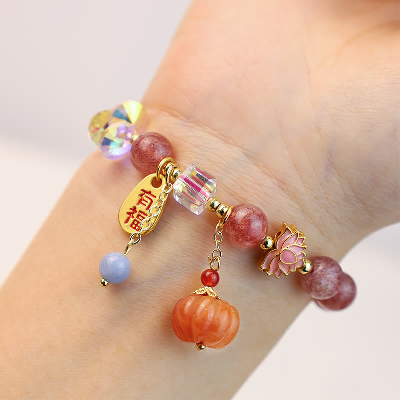 Buddha Stones天然ストロベリークォーツ 福文字パンプキンチャーム ポジティブブレスレット