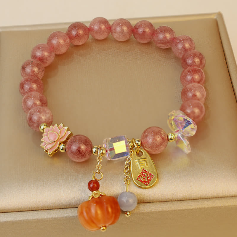 Buddha Stones天然ストロベリークォーツ 福文字パンプキンチャーム ポジティブブレスレット