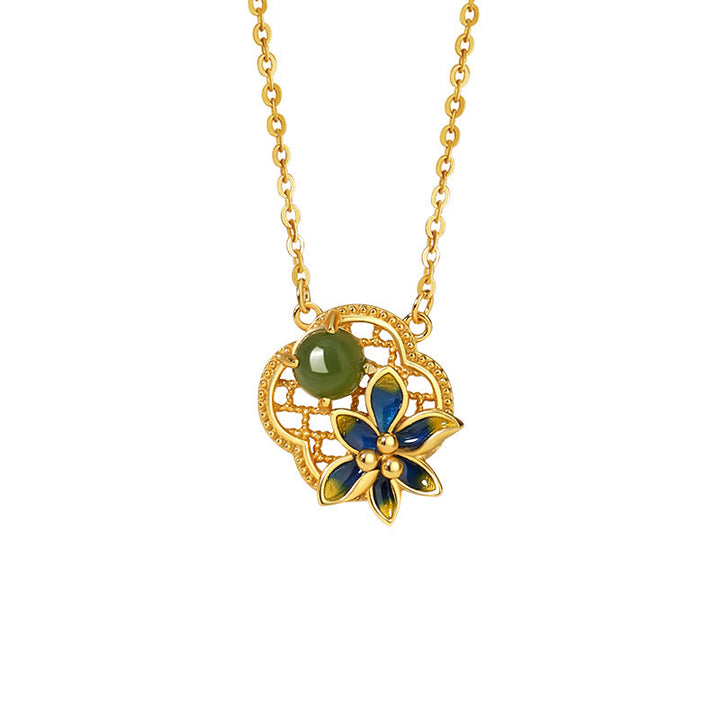 Buddha Stones 925スターリングシルバー 四つ葉のクローバーフラワー 和田シアン翡翠パール ヒーリングネックレス ペンダント ブレスレット イヤリングセット