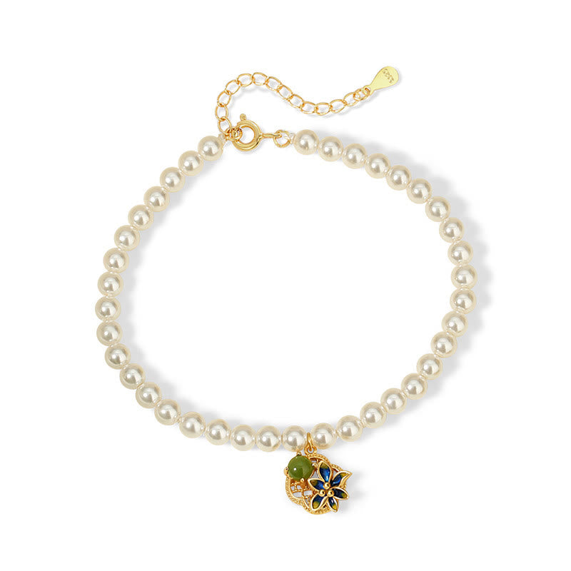 Buddha Stones 925スターリングシルバー 四つ葉のクローバーフラワー 和田シアン翡翠パール ヒーリングネックレス ペンダント ブレスレット イヤリングセット