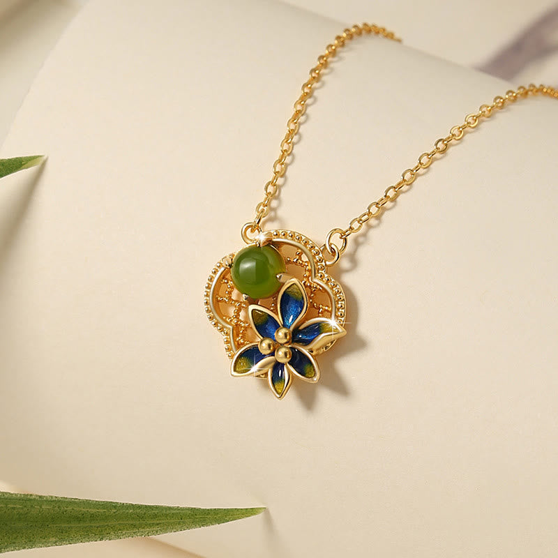 Buddha Stones 925スターリングシルバー 四つ葉のクローバーフラワー 和田シアン翡翠パール ヒーリングネックレス ペンダント ブレスレット イヤリングセット