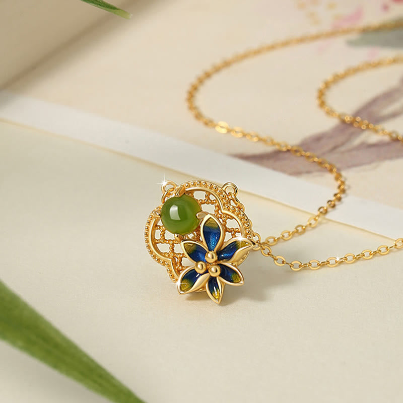 Buddha Stones 925スターリングシルバー 四つ葉のクローバーフラワー 和田シアン翡翠パール ヒーリングネックレス ペンダント ブレスレット イヤリングセット